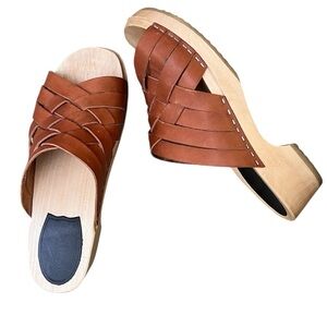 Swedish Hasbeens Tan Leather Woven Clog Mules